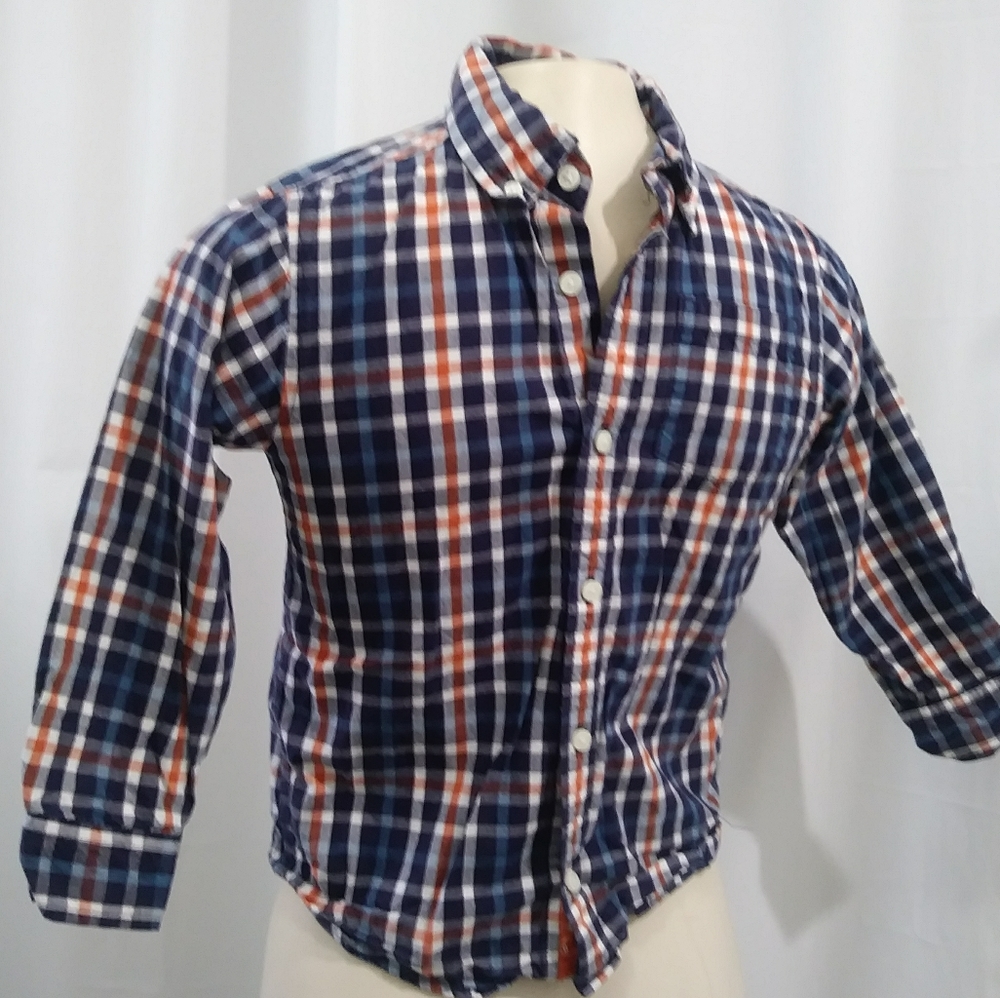 Gymboree Plaid Dress Shirt Blue Orange Boys 5/6 M